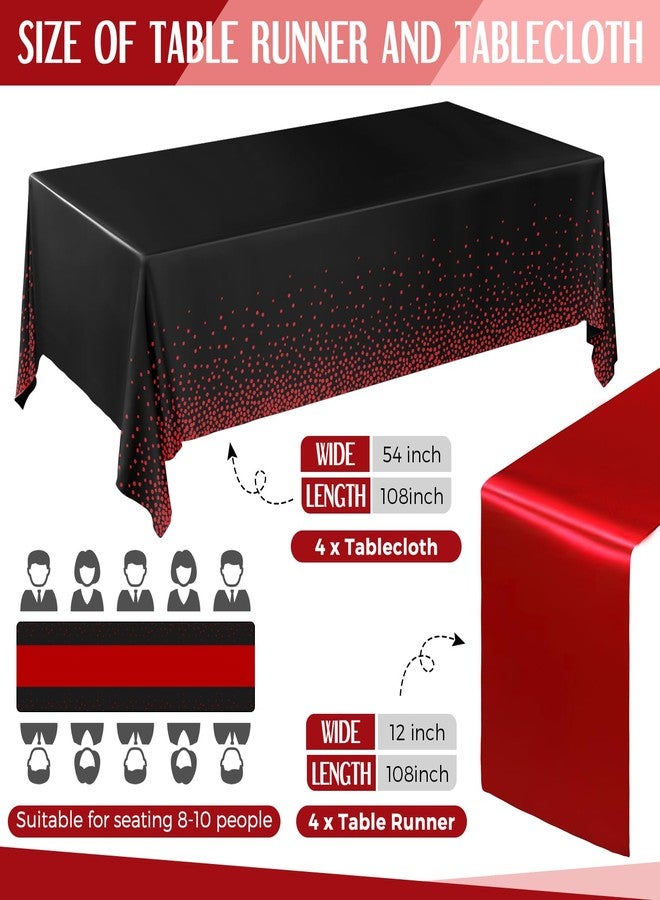 Breling 8 Pack Black and Red Disposable Plastic Tablecloths and Satin Table Runner Set, 54 x 108 Inch Tablecloth, 12 x 108 Inch Table Runners for Wedding Graduation Birthday Baby Shower - Image 2