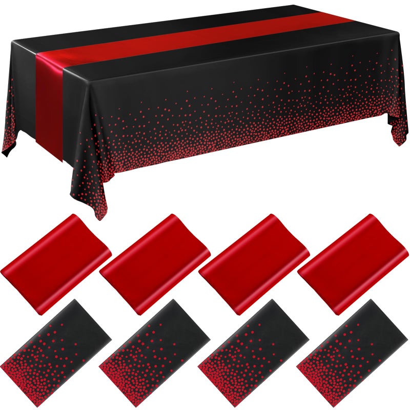 Breling 8 Pack Black and Red Disposable Plastic Tablecloths and Satin Table Runner Set, 54 x 108 Inch Tablecloth, 12 x 108 Inch Table Runners for Wedding Graduation Birthday Baby Shower - Image 1