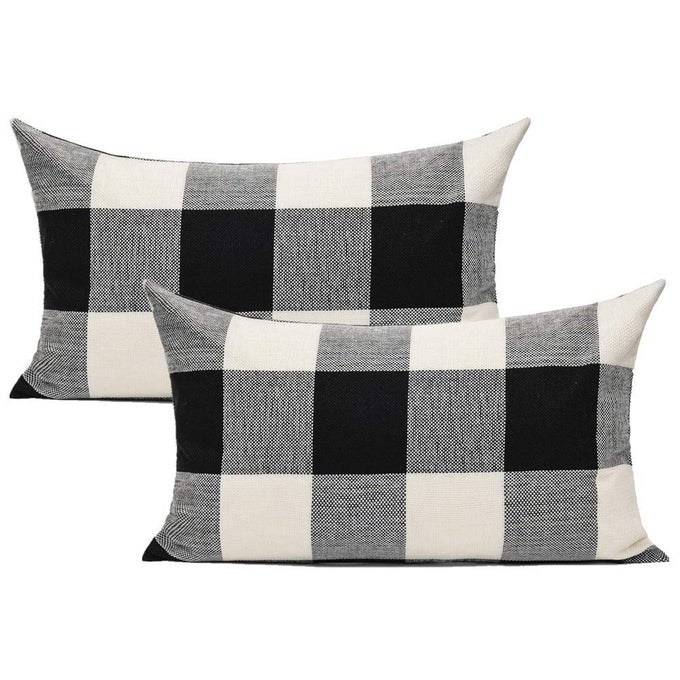 12X20 SET OF 2 BLACK WHITE OUTDOOR THROW PILLOW COVERS BUFFALO CHECK PLAIDS LUMBAR FARMHOUSE RETRO CHECKERS COTTON LINEN CUSHION COVER HOME DECOR FOR SOFA COUCH