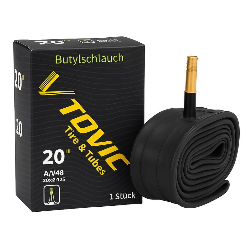 V-Tovic Tires أنبوب داخلي لدراجة V-Tovic 20 بوصة 20x2.125 مع صمام شريدر AV48 - أنبوب إطارات دراجة من مطاط البيوتيل الثقيل - Image 1