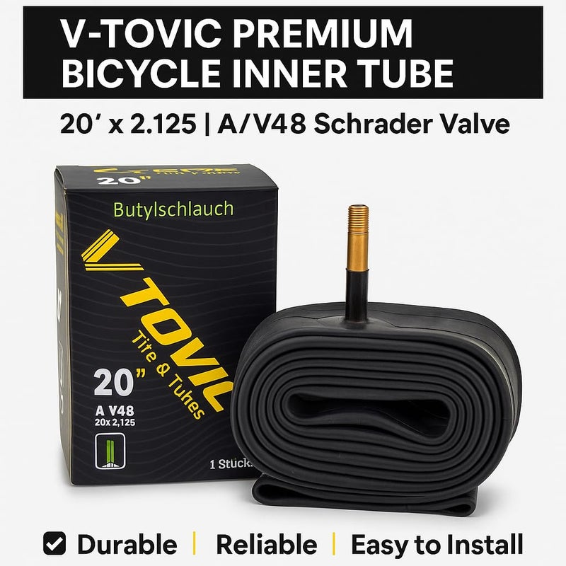V-Tovic Tires أنبوب داخلي لدراجة V-Tovic 20 بوصة 20x2.125 مع صمام شريدر AV48 - أنبوب إطارات دراجة من مطاط البيوتيل الثقيل - Image 3