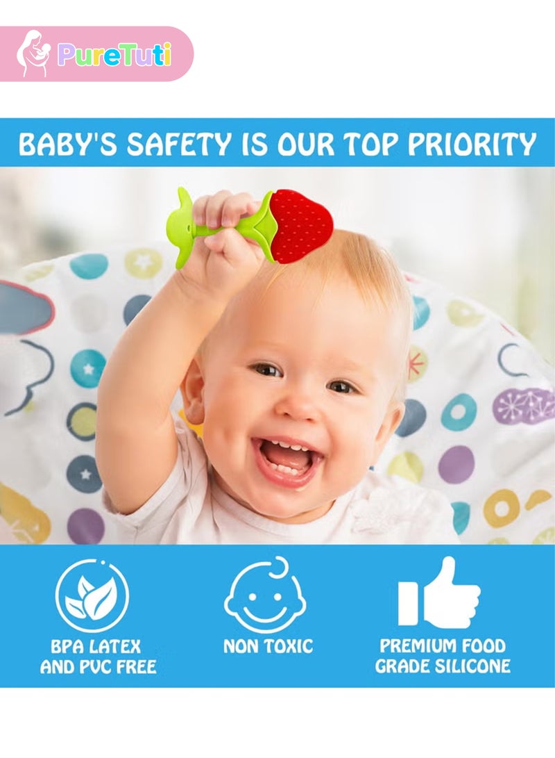 PureTuti Baby Teething Toys Set 4-Pack 100% Food-Grade Silicone BPA-Free Fridge Safe Soothing Fruit-Shaped Teethers with Smoothened Edges for Infants Toddlers Everyday Use Gift - Image 3