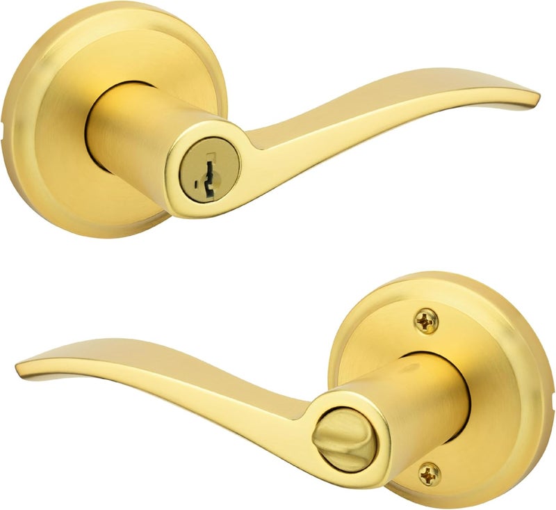 Kwikset Sedona Entry Door Handle with Lock and Key Secure Keyed Reversible Lever Exterior for Front Entrance and Bedrooms Satin Brass Pick Resistant Smartkey Rekey Security and Microban - Image 1