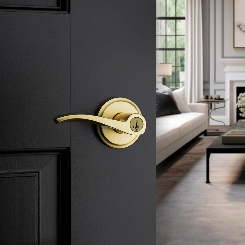 Kwikset Sedona Entry Door Handle with Lock and Key Secure Keyed Reversible Lever Exterior for Front Entrance and Bedrooms Satin Brass Pick Resistant Smartkey Rekey Security and Microban - Image 2