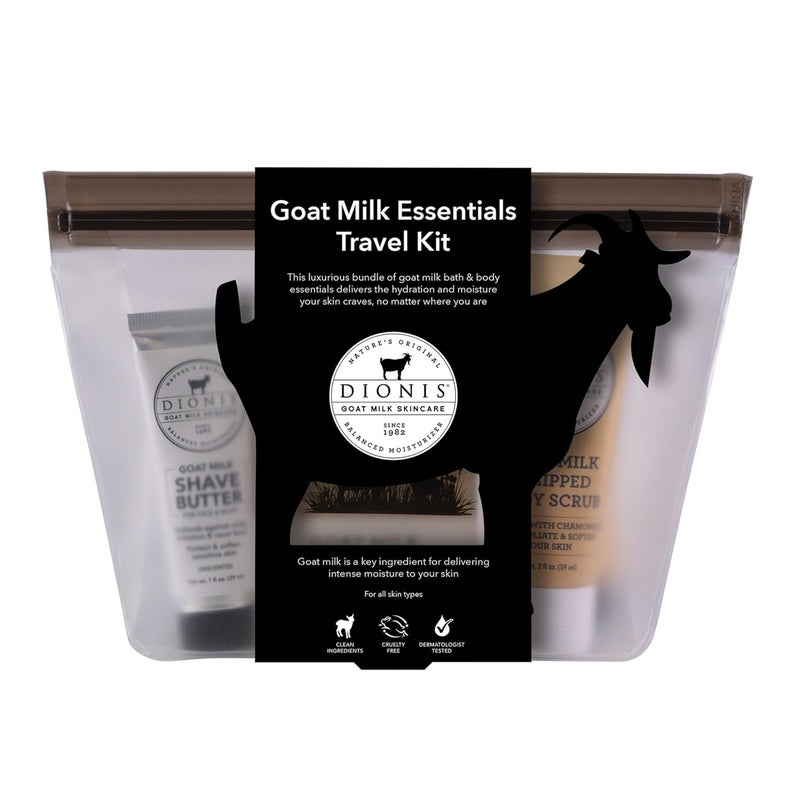 Dionis Goat Milk Skincare Vanilla Bean 6 Piece Self Care Essentials Travel Set Bar Soap Shave Butter Hand Cream Body Lotion Whipped Sugar Body Scrub In Resealable Leak Resistant Carrying Case - Image 1