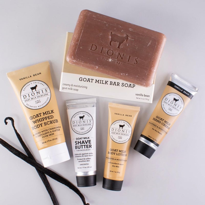 Dionis Goat Milk Skincare Vanilla Bean 6 Piece Self Care Essentials Travel Set Bar Soap Shave Butter Hand Cream Body Lotion Whipped Sugar Body Scrub In Resealable Leak Resistant Carrying Case - Image 4