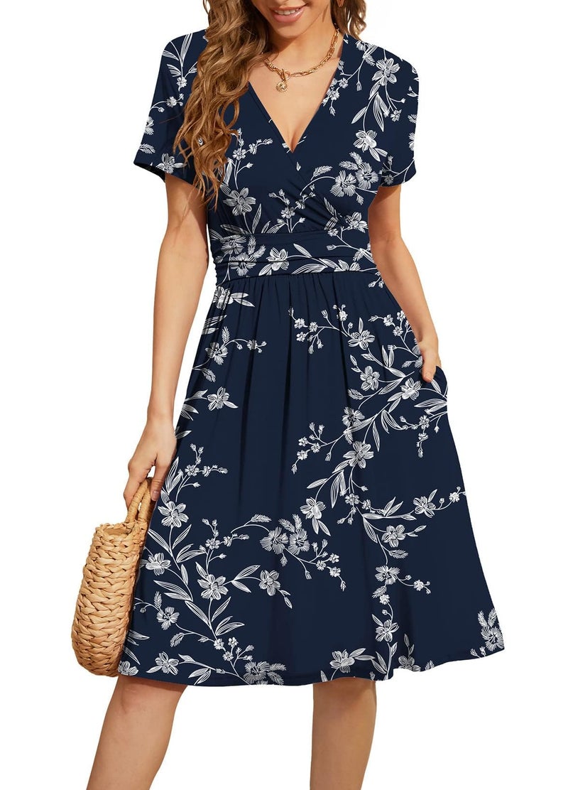 WEACZZY Women Summer Casual Short Sleeve Dresses Empire Waist Dress with Pockets,Floral White Navy,XL - Image 1