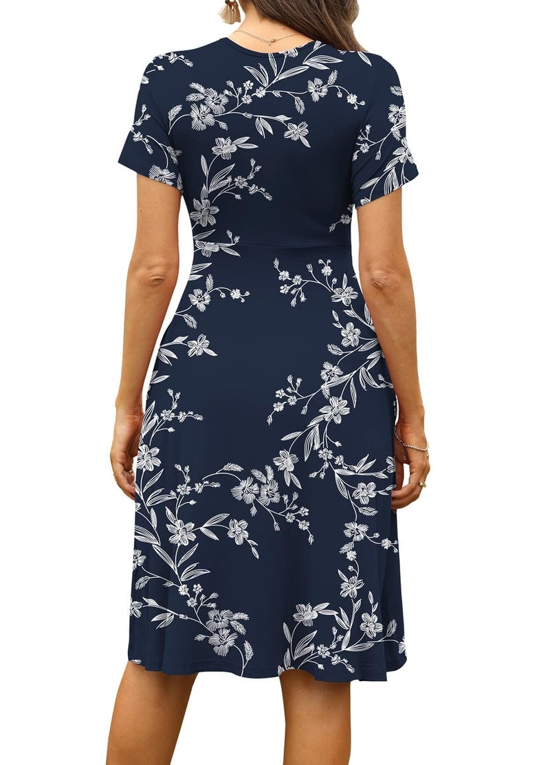 WEACZZY Women Summer Casual Short Sleeve Dresses Empire Waist Dress with Pockets,Floral White Navy,XL - Image 4