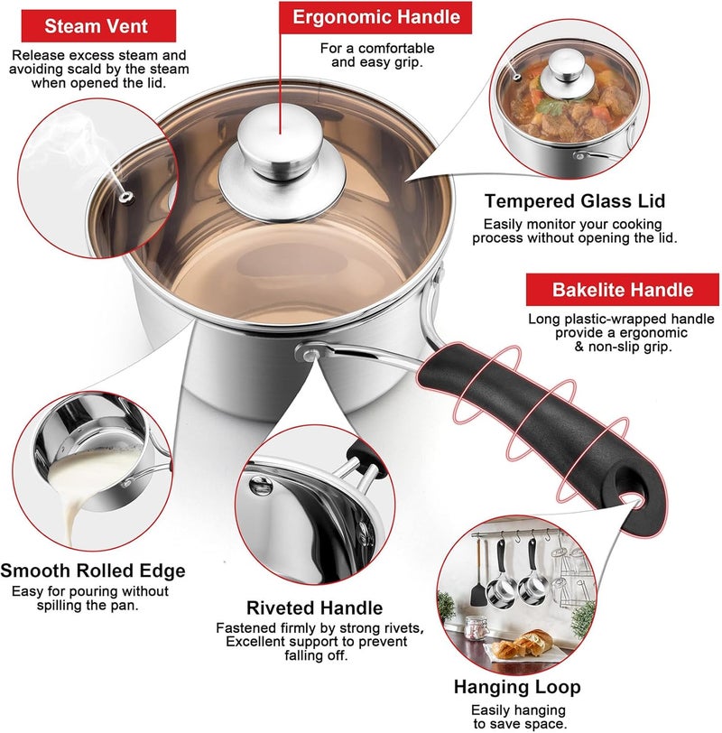 Joyfair 1 Quarts 18/10 Stainless Steel Saucepan, Small Sauce Pan Milk Pot with Glass Lid for Cooking Stewing Boiling Spaghetti Soup, Extra Pan Wall & Heat-proof Bakelite Handle, Dishwasher Safe - Image 3