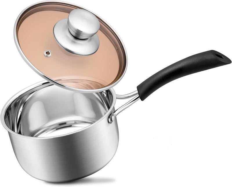 Joyfair 1 Quarts 18/10 Stainless Steel Saucepan, Small Sauce Pan Milk Pot with Glass Lid for Cooking Stewing Boiling Spaghetti Soup, Extra Pan Wall & Heat-proof Bakelite Handle, Dishwasher Safe - Image 1