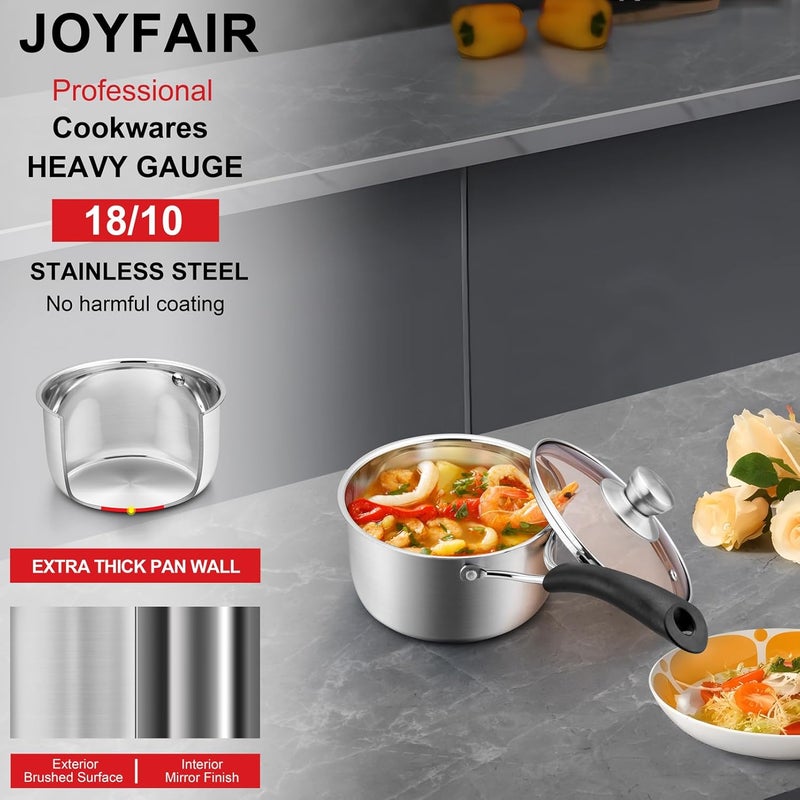 Joyfair 1 Quarts 18/10 Stainless Steel Saucepan, Small Sauce Pan Milk Pot with Glass Lid for Cooking Stewing Boiling Spaghetti Soup, Extra Pan Wall & Heat-proof Bakelite Handle, Dishwasher Safe - Image 2