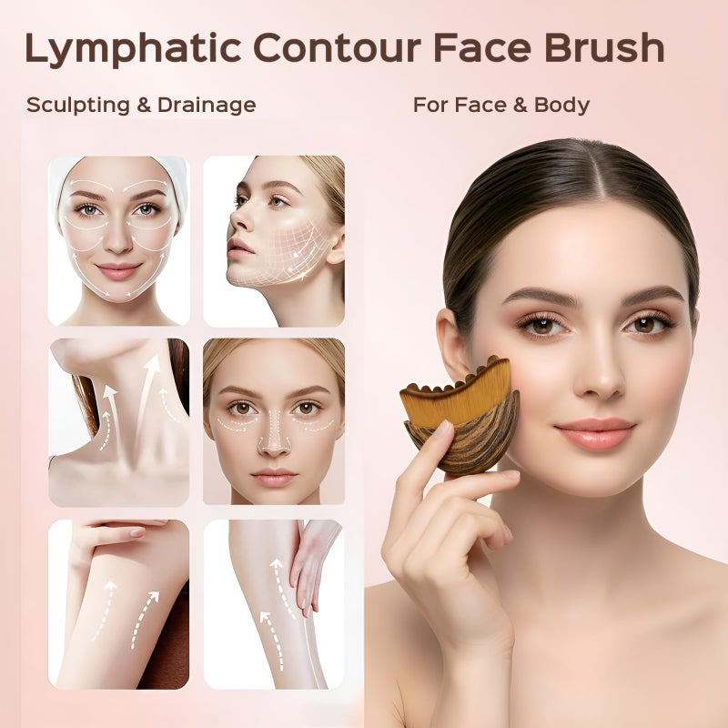 saparay 2PCS Lymphatic Contour Face Brush for Lymphatic Drainage Massager Tool for Face & Neck Lifting, Gua Sha Brush, Jawline Chin Sculpting, Dry Brushing, Curved Ergonomic Design(Brown, 2PCS) - Image 2