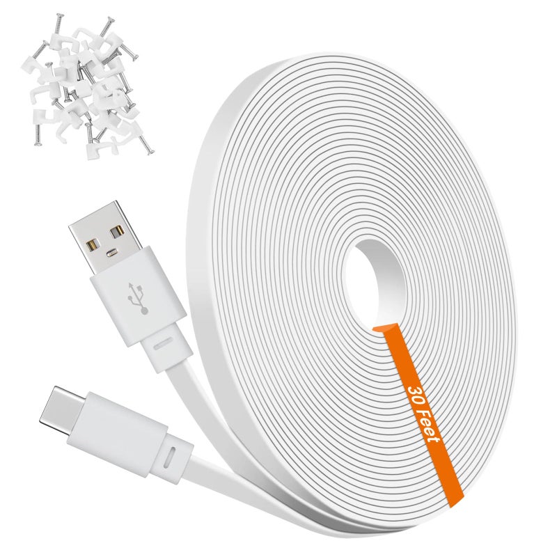 weishan 30ft USB C Cable Compatible with Ring Pan-Tilt Indoor Cam 2024 Release Security Camera - 9m Type-C Long Power Extension Flat Charging Cord, White - Image 1