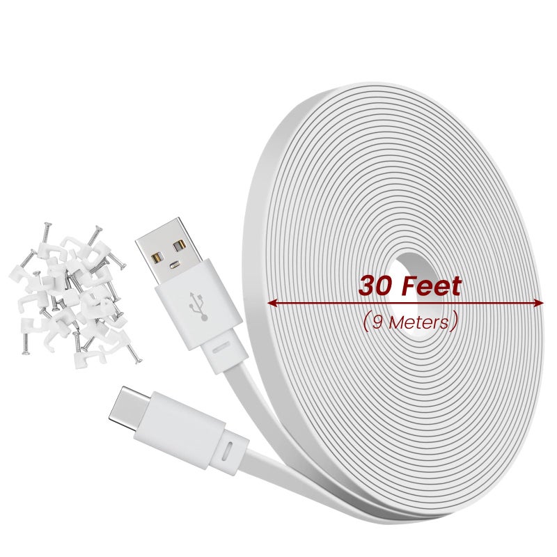 weishan 30ft USB C Cable Compatible with Ring Pan-Tilt Indoor Cam 2024 Release Security Camera - 9m Type-C Long Power Extension Flat Charging Cord, White - Image 5