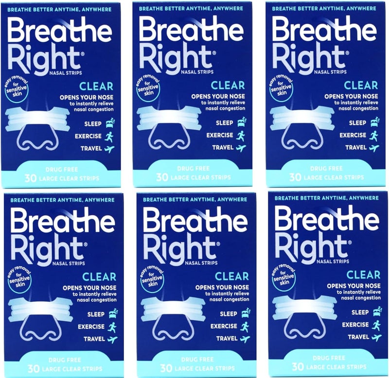 Breathe Right شرائط تنفس صحي للأنف شفافة للبشرة الحساسة كبيرة 30 كل (عبوات من 6)