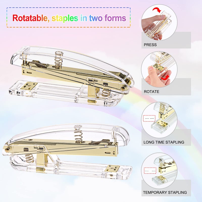 EOOUT Gold Office Supplies Set Desk Accessories, Acrylic Stapler Set Staple Remover, Phone Holder, Tape Holder, Pen Holder, 2 Ballpoint Pen, Scissor, Binder Clips, Ruler, Transparent Glue and Staples. - Image 4