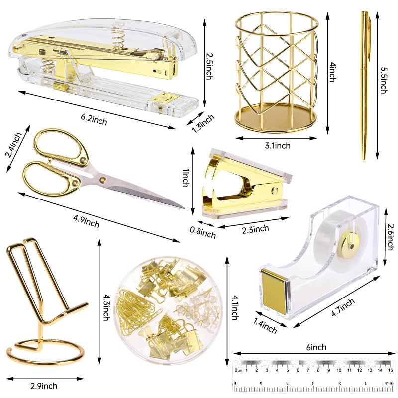 EOOUT Gold Office Supplies Set Desk Accessories, Acrylic Stapler Set Staple Remover, Phone Holder, Tape Holder, Pen Holder, 2 Ballpoint Pen, Scissor, Binder Clips, Ruler, Transparent Glue and Staples. - Image 3