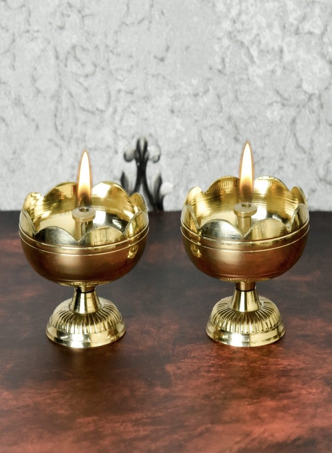 Bhimonee Decor بهيموني ديكور | مصباح طاولة تاماتار ناندا من النحاس الخالص | 1.75 بوصة | نحاس | عبوة من قطعتين | إضاءة تقليدية للطقوس الدينية لتزيين معبد المنزل - Image 1