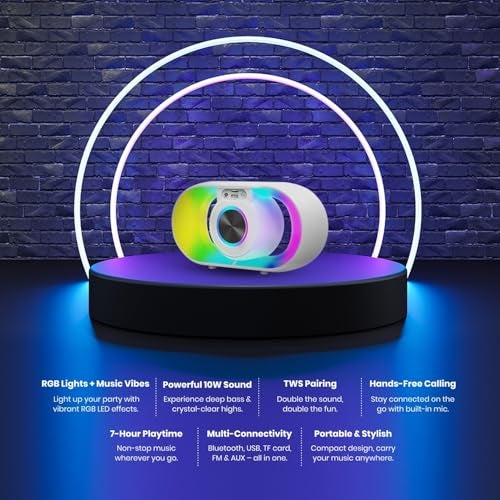 GRODD® Portable 10W Portable Wireless Bluetooth Speaker, Deep Bass, 7H Playtime, Bluetooth 5.4, TWS, FM, USB/TF/AUX, Calling Function, LED Party Lights, 2000mAh Battery - Image 4