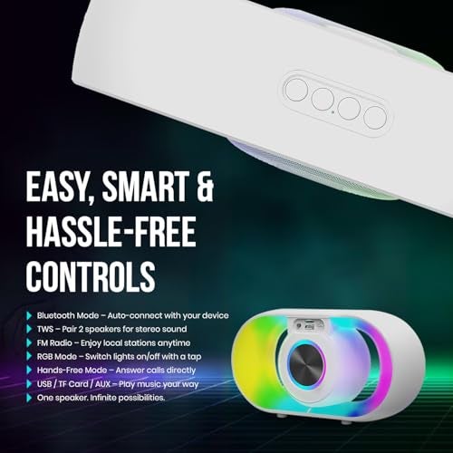 GRODD® Portable 10W Portable Wireless Bluetooth Speaker, Deep Bass, 7H Playtime, Bluetooth 5.4, TWS, FM, USB/TF/AUX, Calling Function, LED Party Lights, 2000mAh Battery - Image 5