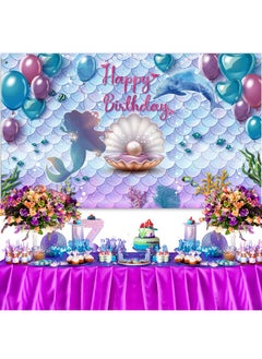 Frienda Under The Sea Mermaid Birthday Party Backdrop Girl Princess Mermaid Scales Birthday Photo Booth Backdrop Purple Blue Mermaid Pearl Whale Background Banner For Birthday Party Decor 71 X 43 Inch  - Image 4