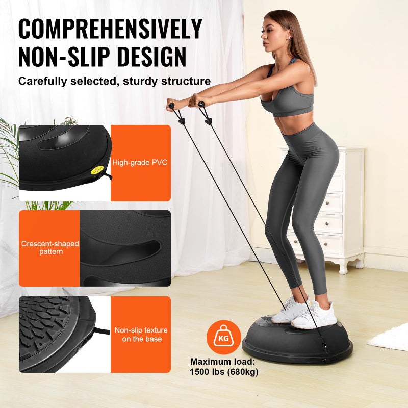 VEVOR 26-inch Half Exercise Ball Trainer, 1500 lbs Capacity Balance Ball, Includes Resistance Bands and Pump, Ideal for Full Body Workouts, Yoga, and Strength Training at Home Gym, Black - Image 4