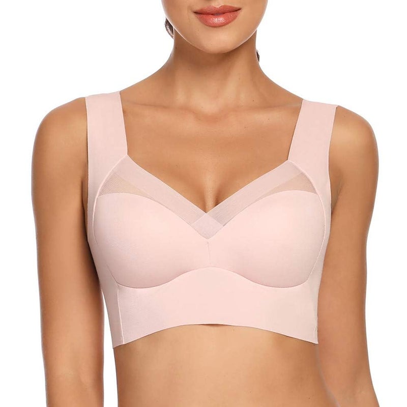 WOWENY Seamless Wirefree Bras for Women Comfy Mesh Soft Padded Back Smoothing Bra(169 Sleep Pink,Large) - Image 1