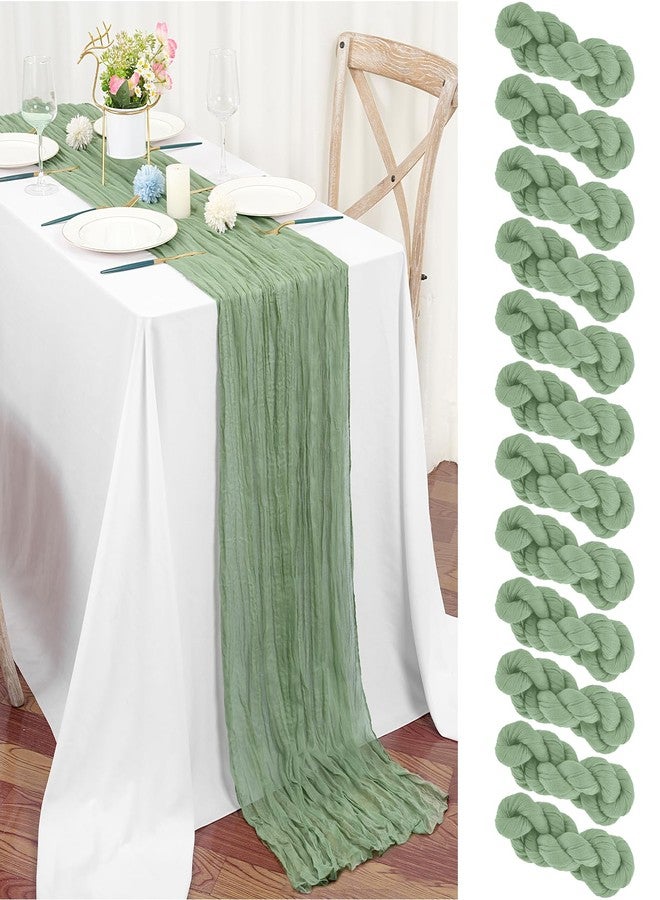 Lykoow 12 Packs Sage Green Table Runner, Charming Cheesecloth Table Runner 17 x 108inch, Gauze Boho Wedding Decoration Rustic Sheer Fabric Cheese Cloth Table Runners for Wedding Party Bridal Shower - Image 1
