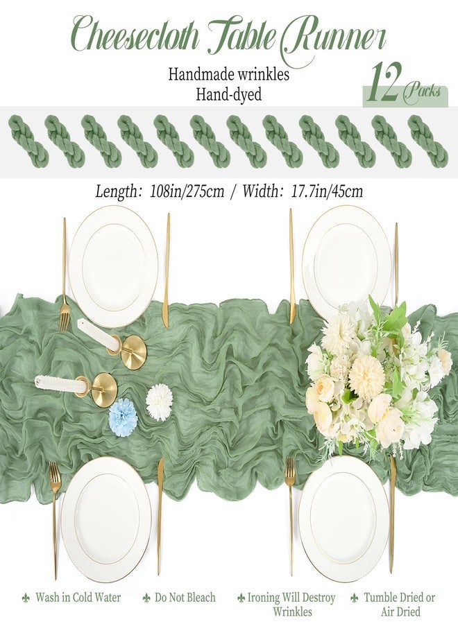 Lykoow 12 Packs Sage Green Table Runner, Charming Cheesecloth Table Runner 17 x 108inch, Gauze Boho Wedding Decoration Rustic Sheer Fabric Cheese Cloth Table Runners for Wedding Party Bridal Shower - Image 2