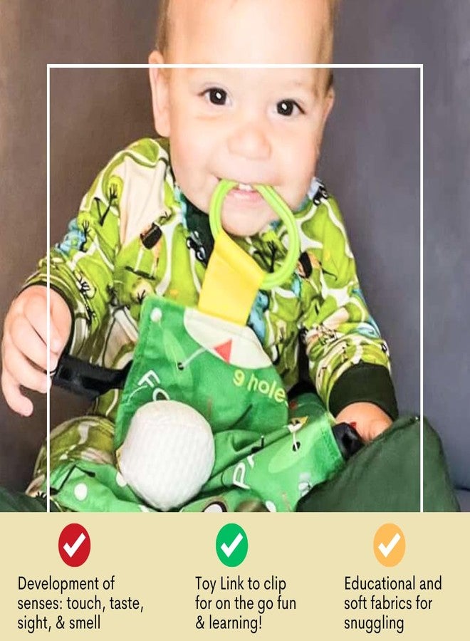 The Learning Lovey Baby Jack & Co 10x10” Golf Ball Sports Lovey Sensory Plush Blanket - Tag Toys for Sensory Play - Travel Stroller Toy - Learn Shapes, Letters & Colors - Sports Gift Educational and Soother - Image 5