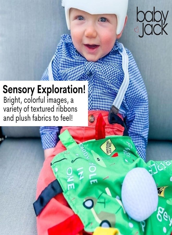 The Learning Lovey Baby Jack & Co 10x10” Golf Ball Sports Lovey Sensory Plush Blanket - Tag Toys for Sensory Play - Travel Stroller Toy - Learn Shapes, Letters & Colors - Sports Gift Educational and Soother - Image 4