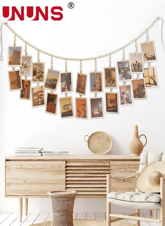 UNUNS Hanging Photo Display,Wooden Bead Garland With 18 Clips,Boho Style Collage Photo Frame Decoration For Dorms,Classrooms,Bedrooms  - Image 1