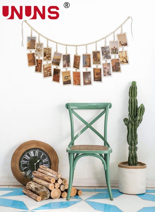 UNUNS Hanging Photo Display,Wooden Bead Garland With 18 Clips,Boho Style Collage Photo Frame Decoration For Dorms,Classrooms,Bedrooms  - Image 2