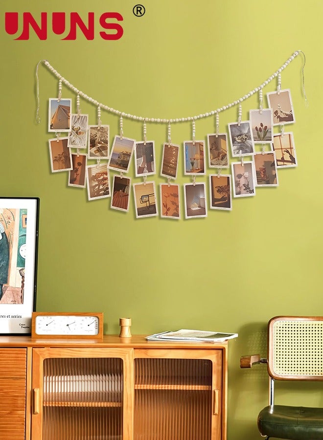 UNUNS Hanging Photo Display,Wooden Bead Garland With 18 Clips,Boho Style Collage Photo Frame Decoration For Dorms,Classrooms,Bedrooms  - Image 5