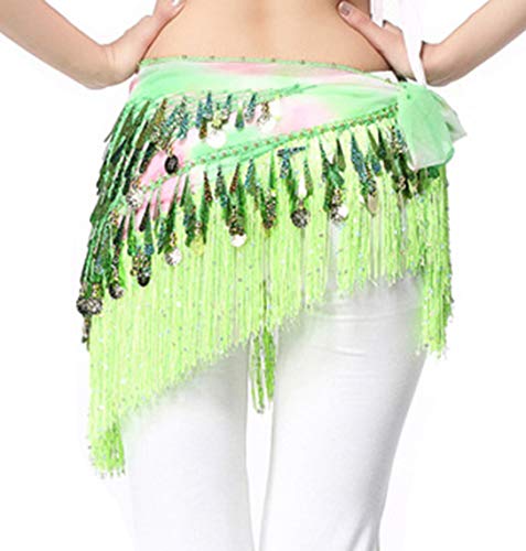 Lauthen.S Belly Dance Hip Scarf with Tassels Sequins, Triangle Coins Wrap Skirt Music Festival Clothing Green - Image 4