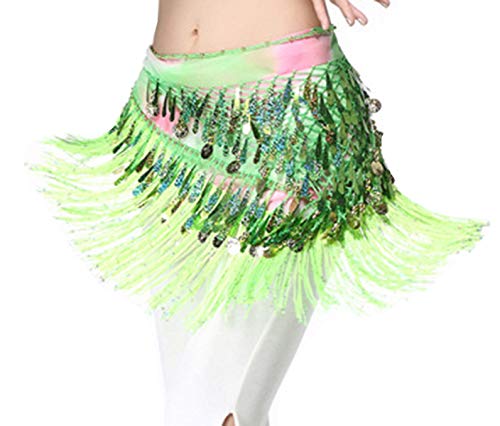 Lauthen.S Belly Dance Hip Scarf with Tassels Sequins, Triangle Coins Wrap Skirt Music Festival Clothing Green - Image 3