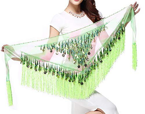 Lauthen.S Belly Dance Hip Scarf with Tassels Sequins, Triangle Coins Wrap Skirt Music Festival Clothing Green - Image 2