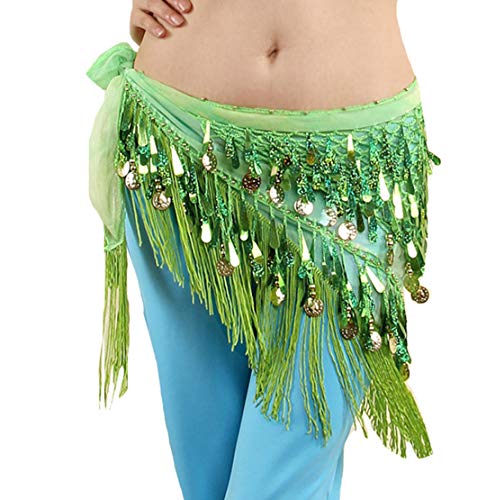 Lauthen.S Belly Dance Hip Scarf with Tassels Sequins, Triangle Coins Wrap Skirt Music Festival Clothing Green - Image 5