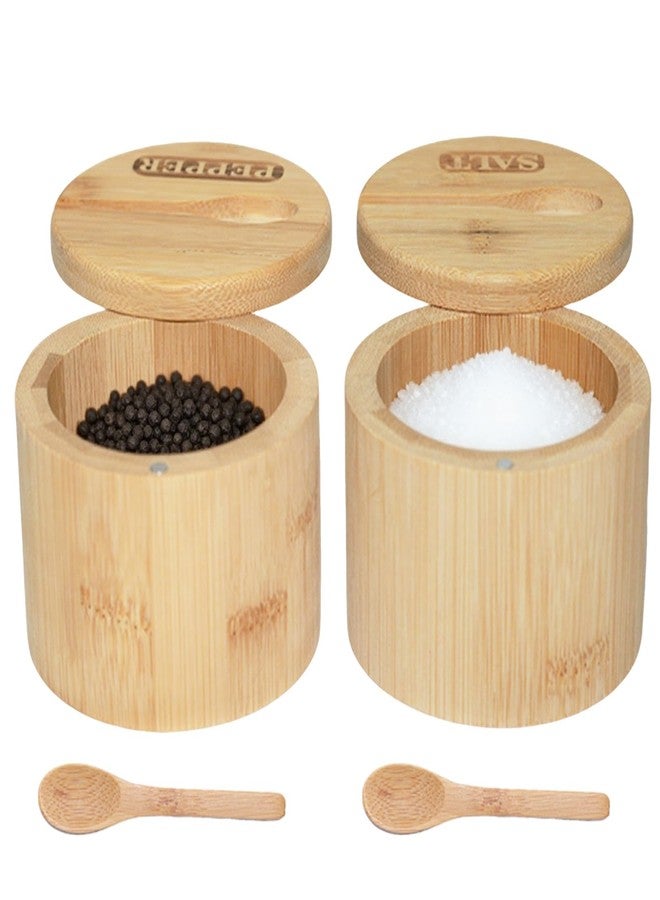 Jninexiu 2 Pack Bamboo Salt and Pepper Bowls, Spice Cellar with Swivel Lid and Spoons, Round, 6 Ounces, Bamboo - Image 1