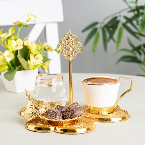 Alisveristime Turkish Coffee Serving Set for One Includes Cup Water Glass Delight Bowl and Zamac Tray Elegant Ottoman Style Presentation Gold - Image 3