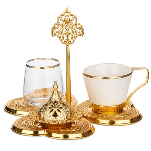 Alisveristime Turkish Coffee Serving Set for One Includes Cup Water Glass Delight Bowl and Zamac Tray Elegant Ottoman Style Presentation Gold - Image 1