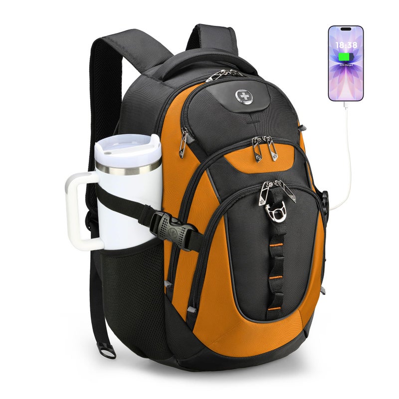 Swissdigital Design Laptop Backpack with USB Charging Port, Travel Backpack Fits 15.6 inches Computer, 31L College School Backpack for Men, Orange/Black | SD803-66 - Image 1