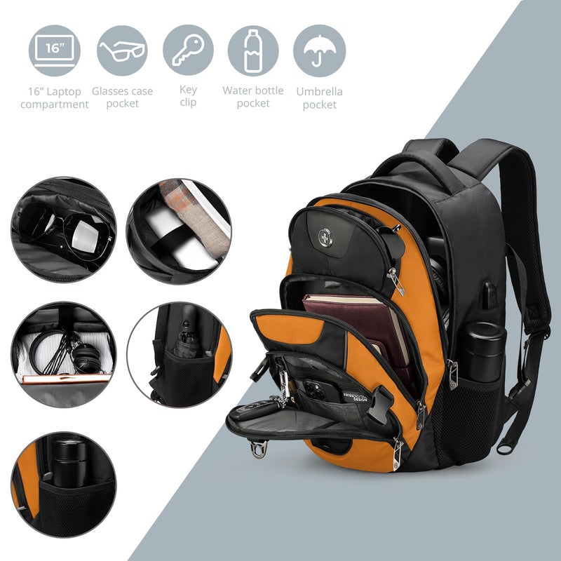 Swissdigital Design Laptop Backpack with USB Charging Port, Travel Backpack Fits 15.6 inches Computer, 31L College School Backpack for Men, Orange/Black | SD803-66 - Image 4