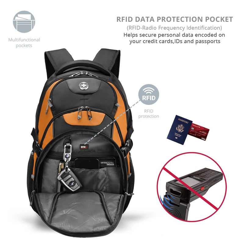 Swissdigital Design Laptop Backpack with USB Charging Port, Travel Backpack Fits 15.6 inches Computer, 31L College School Backpack for Men, Orange/Black | SD803-66 - Image 5