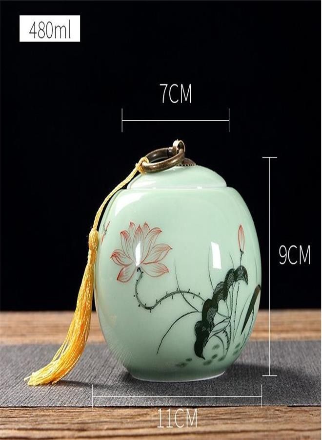 Ceramic Gongfu Tea Canister with Hand-painted Lotus Design: Aesthetic and Functional Tea Leaf Storage Jar, crafted in Celadon Porcelain  - Image 3