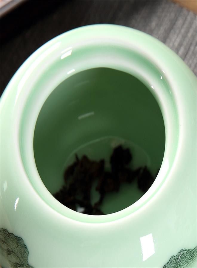 Ceramic Gongfu Tea Canister with Hand-painted Lotus Design: Aesthetic and Functional Tea Leaf Storage Jar, crafted in Celadon Porcelain  - Image 2