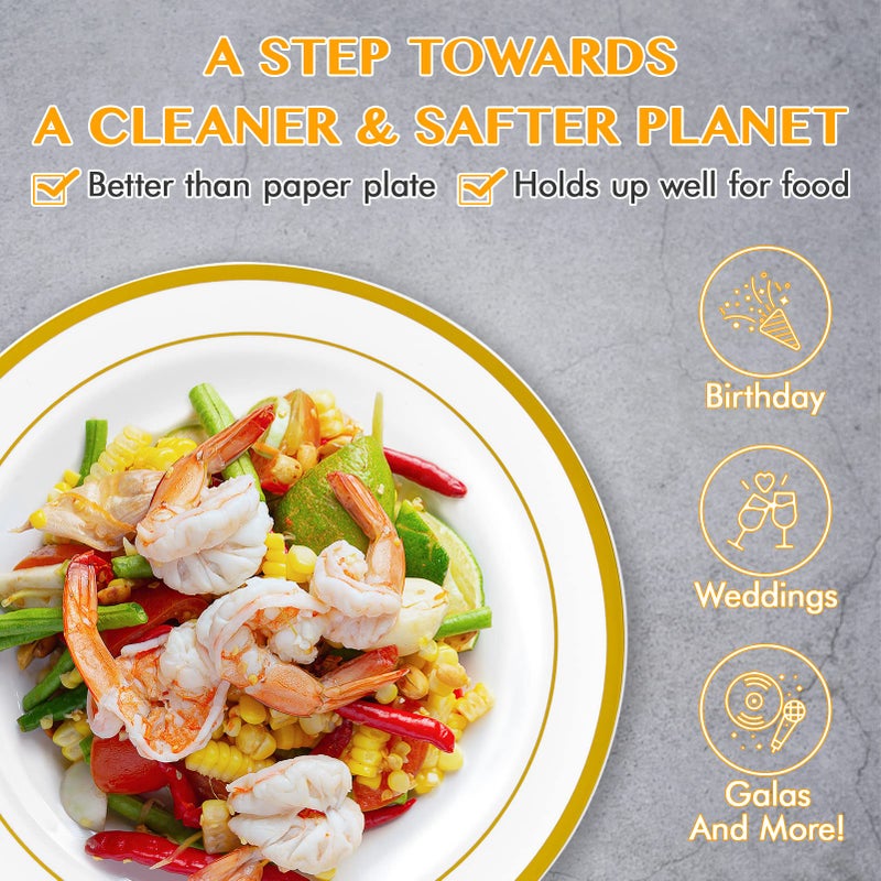 JollyPack 100 Piece Plastic Party Plates  Disposable Gold Plastic Plates  Include 10 Inch Disposable Dinner Plates 50pcs and 7 Inch Dessert Plates Premium Party and Wedding Halloween Plates - Image 2