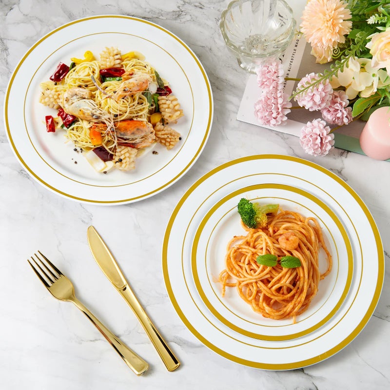 JollyPack 100 Piece Plastic Party Plates  Disposable Gold Plastic Plates  Include 10 Inch Disposable Dinner Plates 50pcs and 7 Inch Dessert Plates Premium Party and Wedding Halloween Plates - Image 5