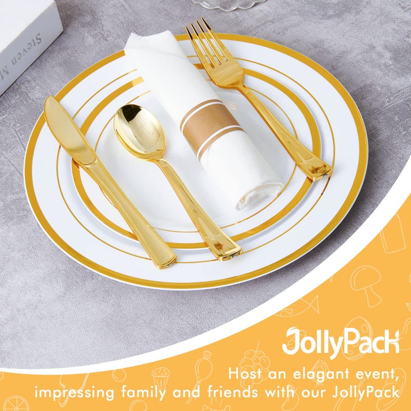 JollyPack 100 Piece Plastic Party Plates  Disposable Gold Plastic Plates  Include 10 Inch Disposable Dinner Plates 50pcs and 7 Inch Dessert Plates Premium Party and Wedding Halloween Plates - Image 4