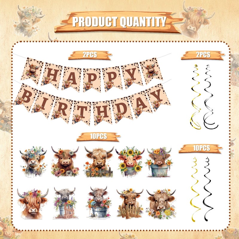 Rngmsi Highland Cow Birthday Decorations, 16PCS Highland Cow Birthday Banners Hanging Swirls, Happy Bday Chic Cowboy Party Decor Supplies - Image 3
